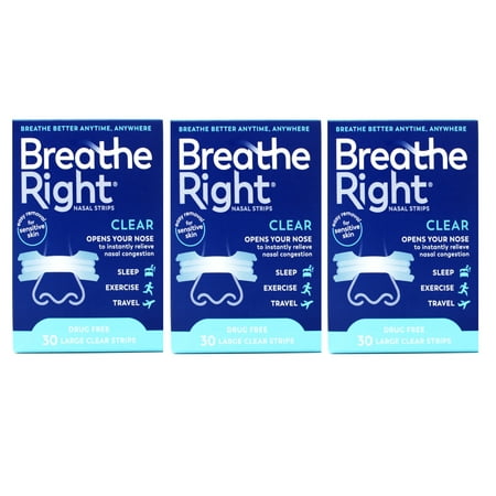 Breathe Right Clear Nasal Strips, Clear, Large, 30 Ct (3 Pack)