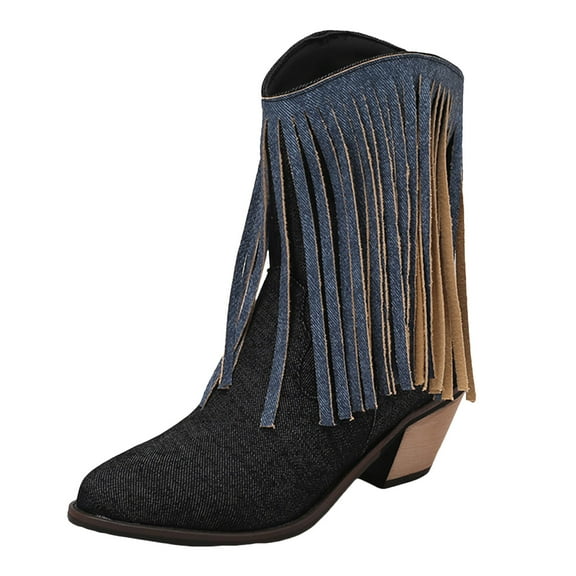 Denim Cowboy Boots for Women Long Fringe Tassel Retro Wide Mid Calf Cowgirl Boots Winter Fall Pull on Ankle Booties
