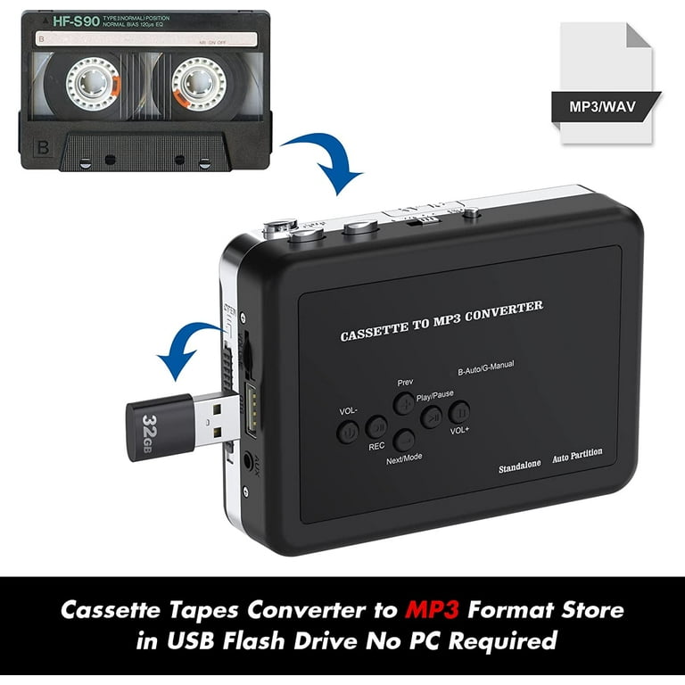 Rybozen Portable Cassette Player, Converter Recorder Convert Tapes to  Digital MP3 Save into USB Flash Drive/ No PC Required Black