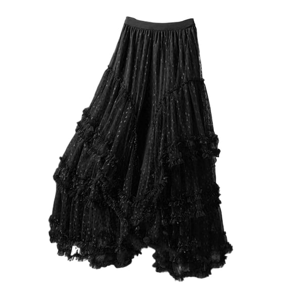 Mesh Heart Printed Skirt Women Elastic High Waist Skirt Elegant Tulle A Line Ruffle Party Skirt Long Summer Saia Feminina