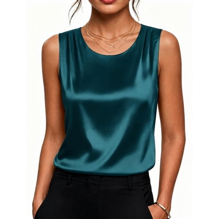 Zeagoo Womens Satin Tank Top Pleated Sleeveless Blouse Dressy Casual Tops Crewneck Silk Shirts Business Summer Clothes