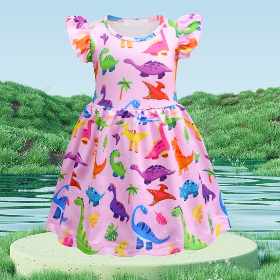 Trendfront Toddler Girls Animal Graphic Dinosaur Print Dress Mid-Length Short Sleeve Crew Neck Casual Summer Playwear Outfits