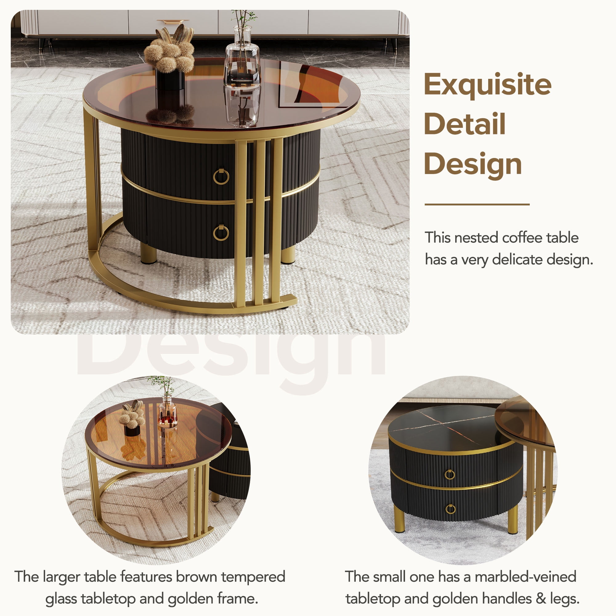 MAYEERTY Stackable Coffee Table with High Gloss Marble Tabletop, Set of 2，Living Room, Black