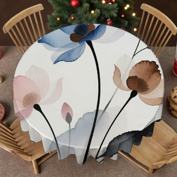 Brown Cream Grey Teal Floral Family Round Tablecloth, Holiday-Themed Design - Machine-Made Tablecloth for dining table, Cafe, picnic,60x60 Inch