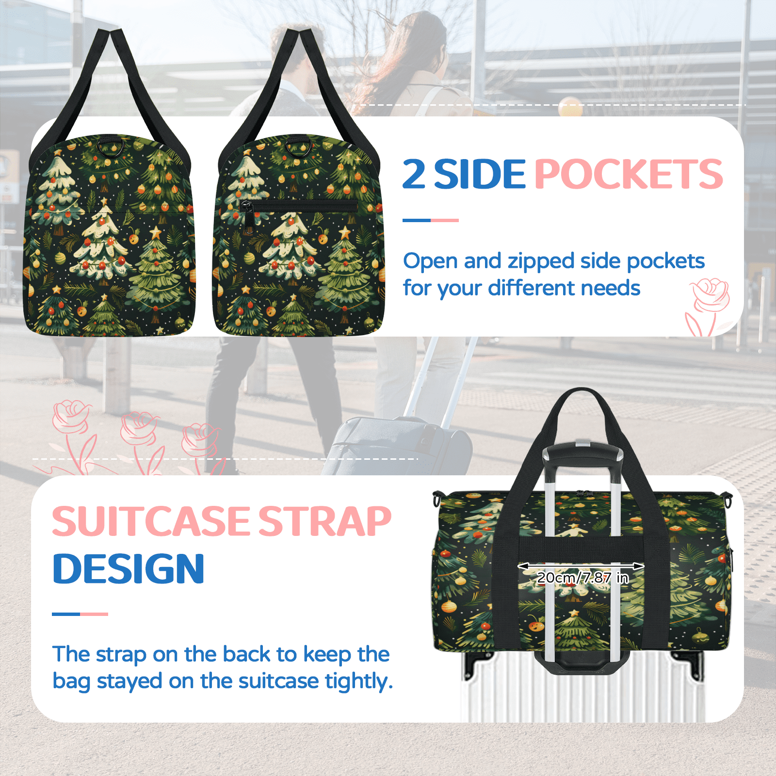 Herdesigns Merry Christmas Travel Duffle Bag Sports Yoga Weekender Overnight Carry on Workout Bags Lightweight Waterproof Gym Tote Bag for Women Christmas Tree