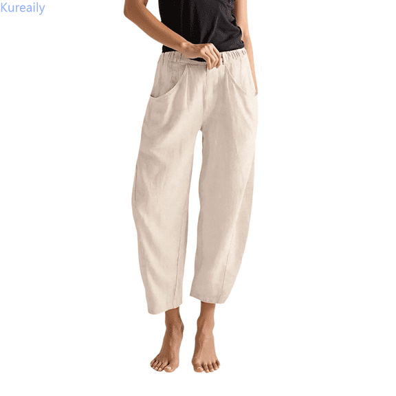 Kureaily Womens Linen Wide Leg Pants Casual Loose Elastic Waisted Ankle Trousers Barrel Beach Pant Summer Slacks With Pockets Women Stretchy Trousers