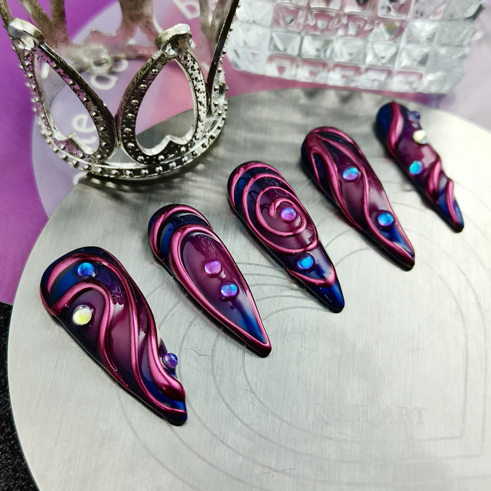 Handmade Press-on Nails with 3D Swirl Design and Rhinestone Accents