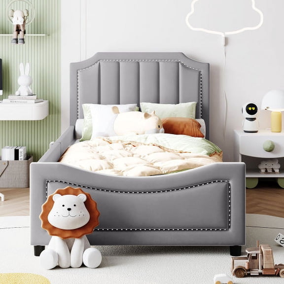 Twin Size Upholstered Daybed with Classic Stripe Headboard, Velvet Sofa Bed for Living Room or Guest Room, Gray