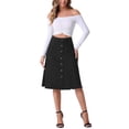 thumbnail image 2 of Falda de mezclilla para mujer INSPIRE CHIC con dobladillo sin terminar, botones, corte A, midi, talla XL, negra, 2 of 5
