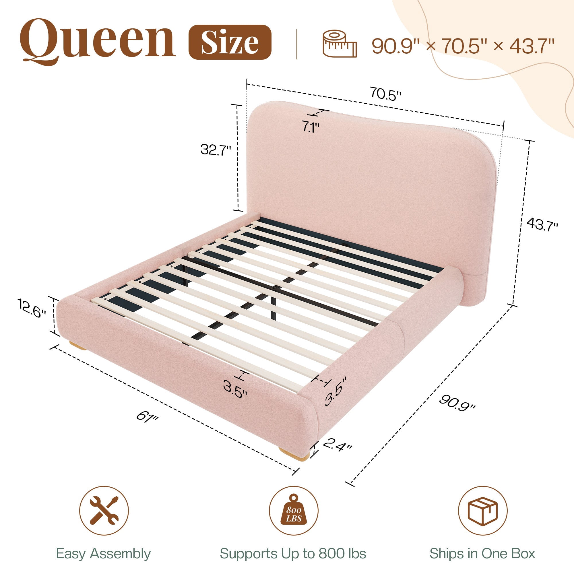 Amerlife Queen Size Cloud Bed Frame, 7.1" Thick Curved Headboard, Modern Upholstered Platform Bed, Easy Assembly, Boucle Pink
