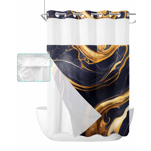 No Hook Shower Curtain with Snap in Liner, Marble Dark Blue Golden Abstract Art Texture Hotel Shower Curtains for Bathroom, Washable Shower Curtain Liner Set with Mesh Top Window, 48"x72"