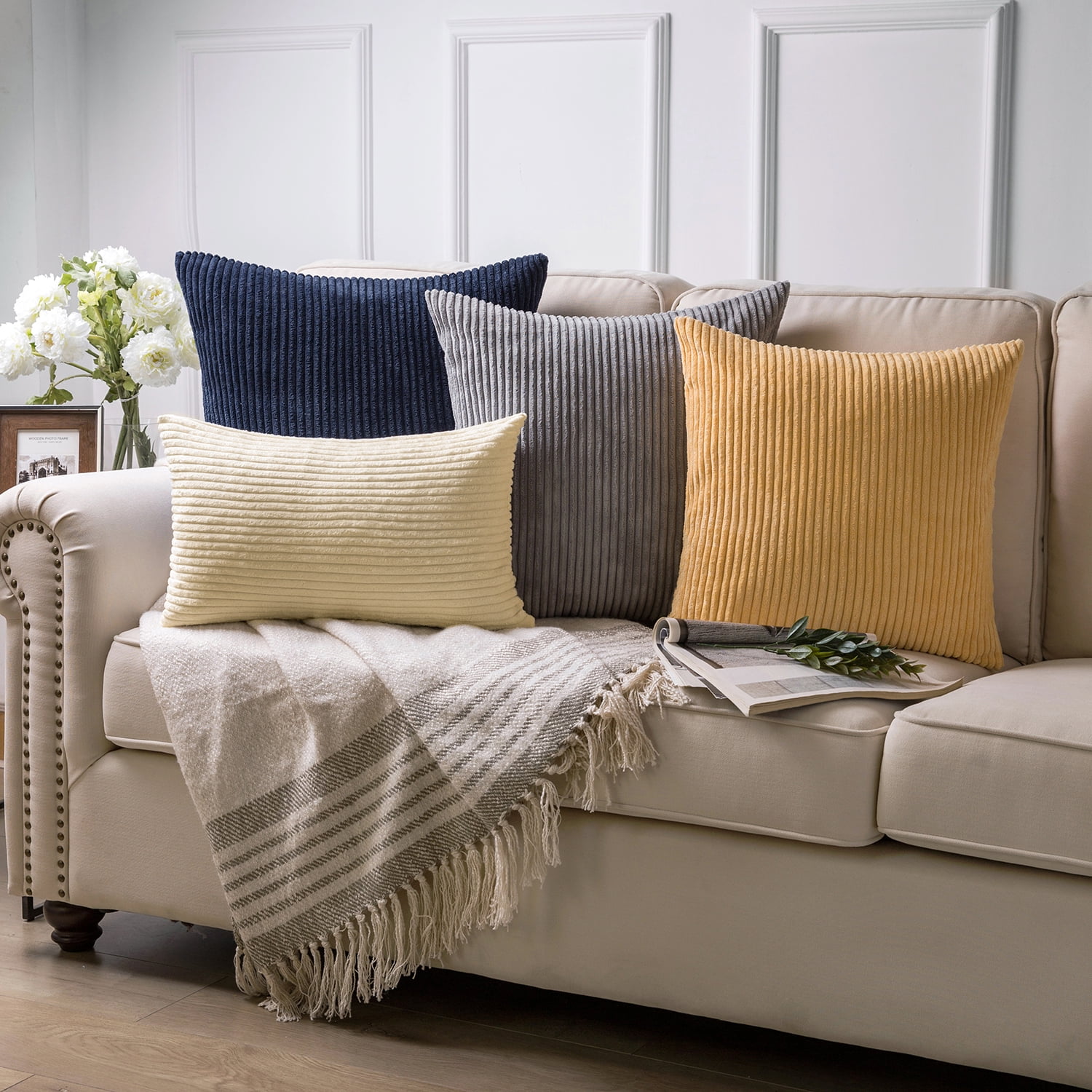 Phantoscope 18" x 18" Modern, Contemporary, Transitional Navy Blue Striped Polyester Throw Pillow , ( 2 Count)