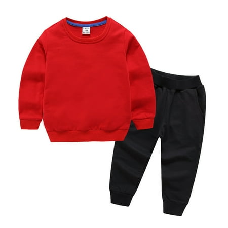 

LYMAYTER Toddler Unisex Sweatshirt Outfit Teen Solid Color Sweatsuit Tops + Sweat Pants 1 Set for 2-14 Years