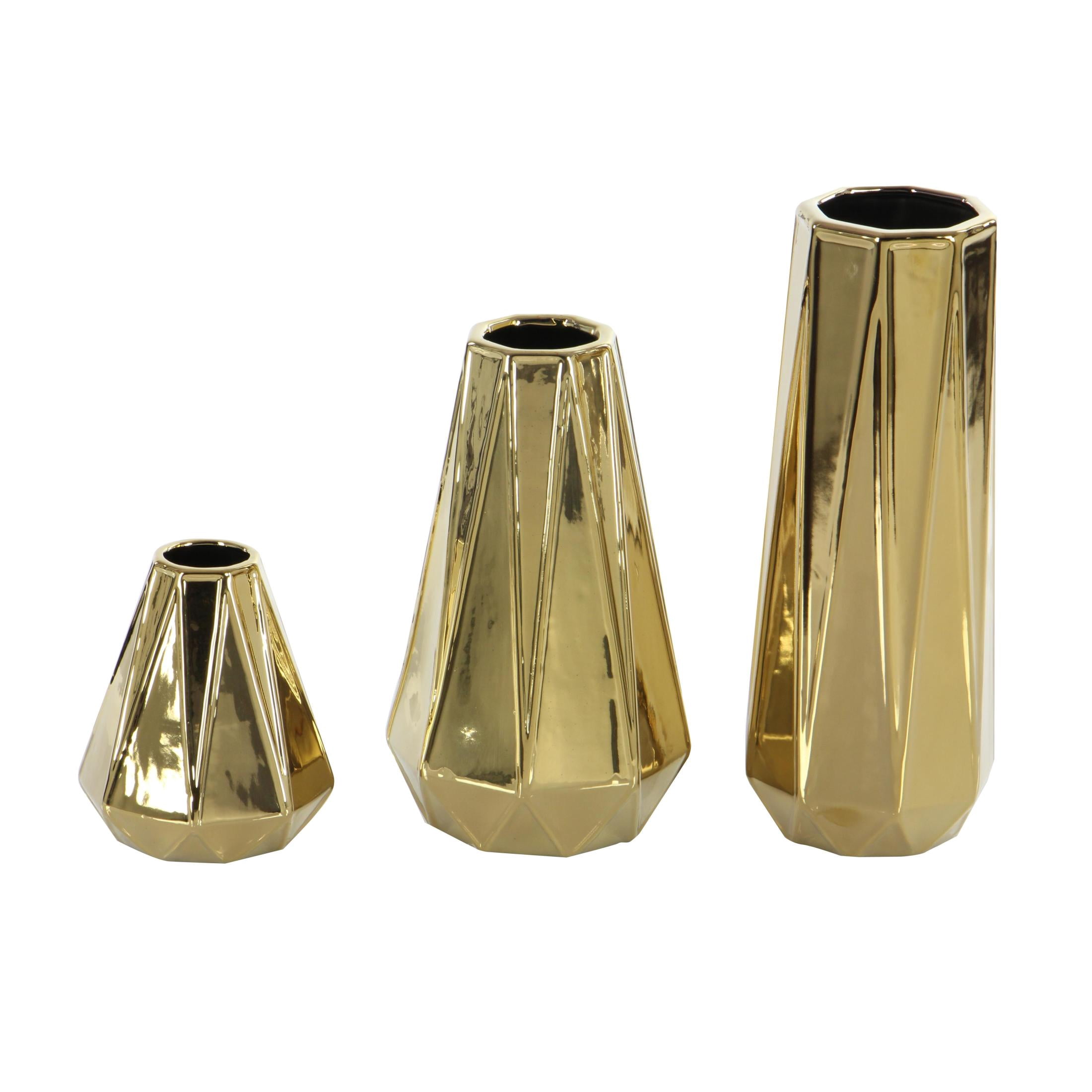 DecMode 14", 11", 7"H Geometric Gold Ceramic Vase, Set of 3