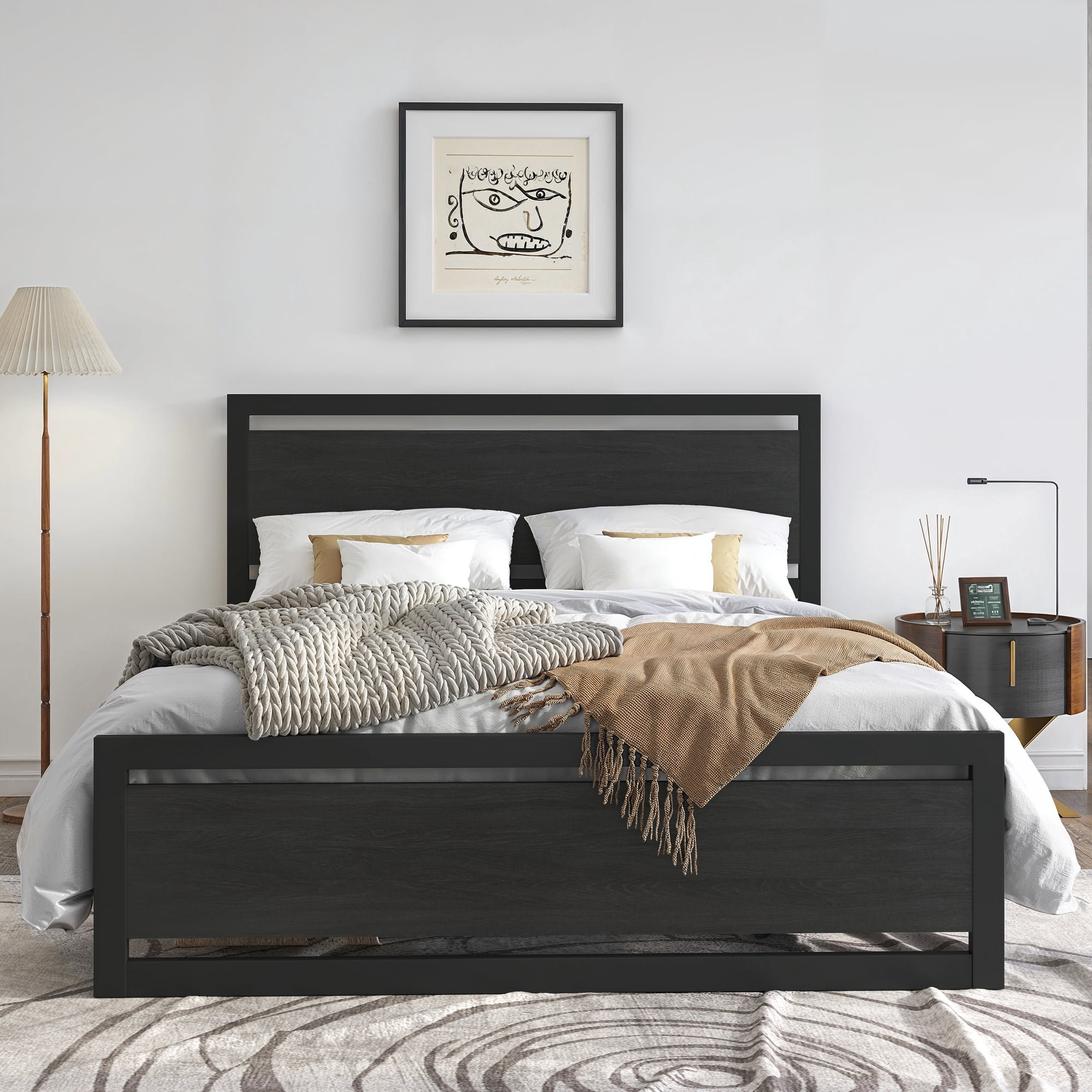 Amolife Queen Size Metal Platform Bed Frame with Wooden Headboard, 12.4" Under-Bed Storage, Black
