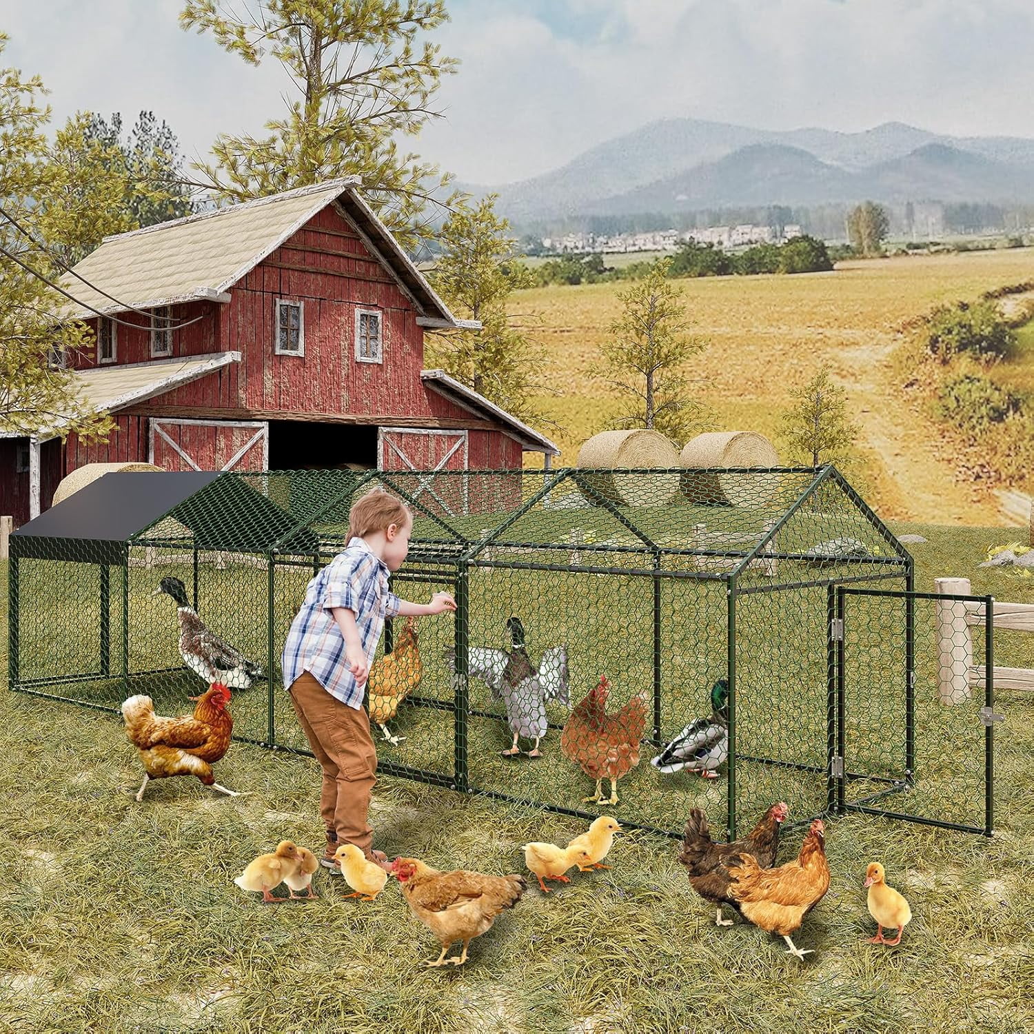 ChaoLink Large Metal Chicken Coop with Waterproof & Anti-UV Cover – 160x40x40 Inches Outdoor Hen House with 4 Doors for Yard, Rabbit, Duck & Goose