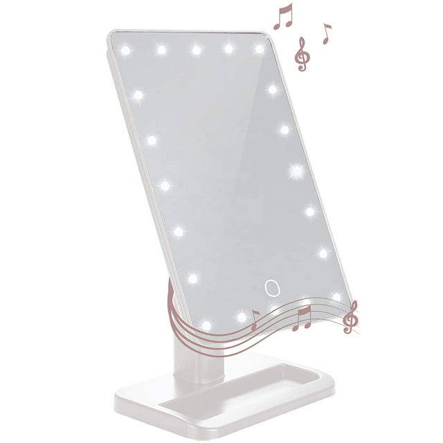 Mirror Makeup Mirror with Lights and Bluetooth Speaker,Reflect Beauty LED Wireless Swivel Smart Home Audio Mirror with Tray-White