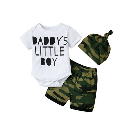 

TheFound Newborn Infant Baby Boy Casual Summer Camouflage Set Short Sleeve Letter Top Elastic Printed Pant Hat Outfits
