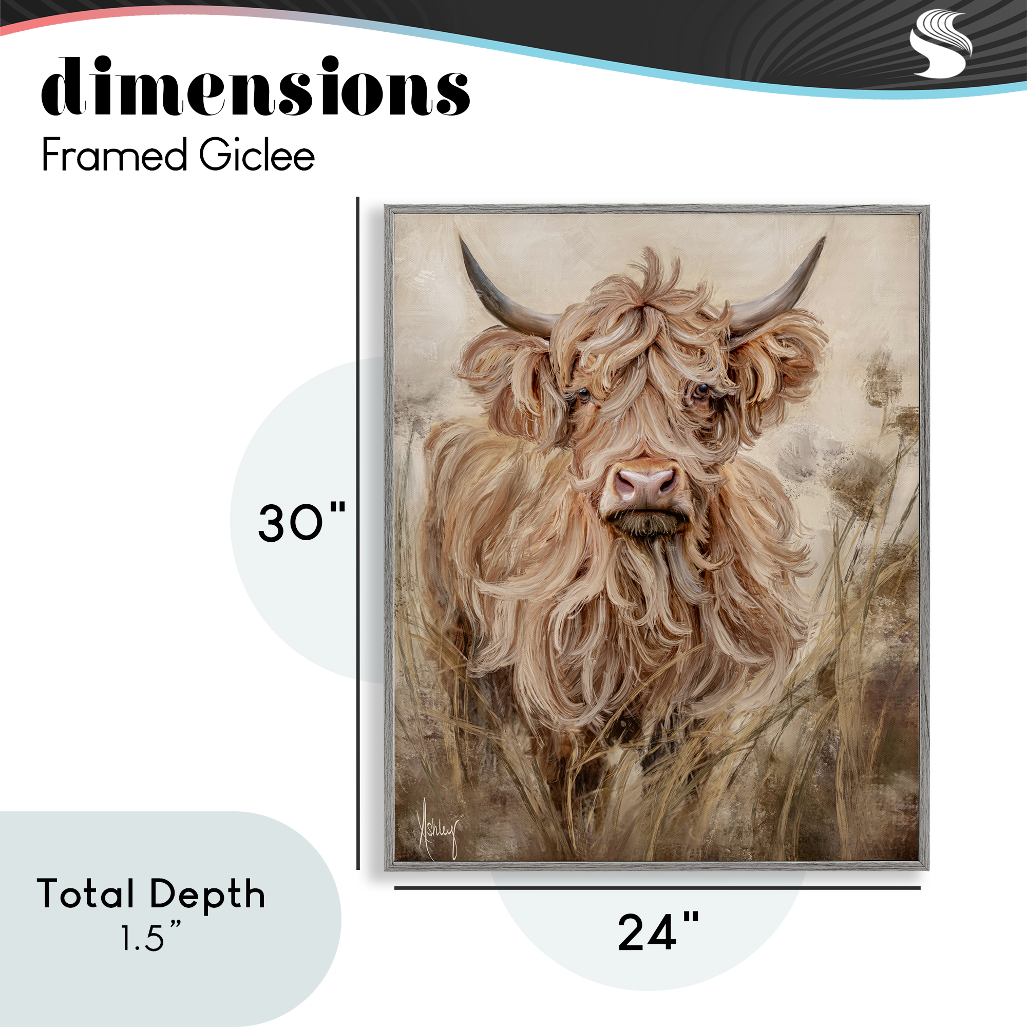 Curly Haired Highland Cattle Gray Framed Giclee Art, design by Ashley Bradley