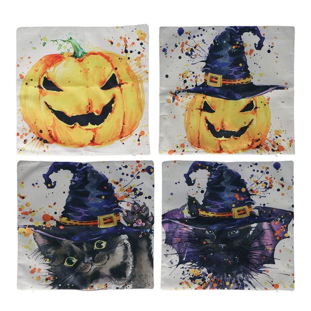 Fundas de almohada de Halloween Patrón de calabaza Cierre con cremallera Material de lino Lavado con agua fría Funda de almohada para decoraciones 4 Paquete combinado 01