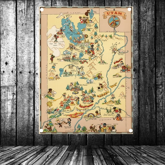 United States Published in 1935 Utah Map Flag Banner Vintage Wall Art Posters and Prints Canvas Painting Wall Hanging Cloth Tapestry Room, Office, Home Decoration,38X57 inches