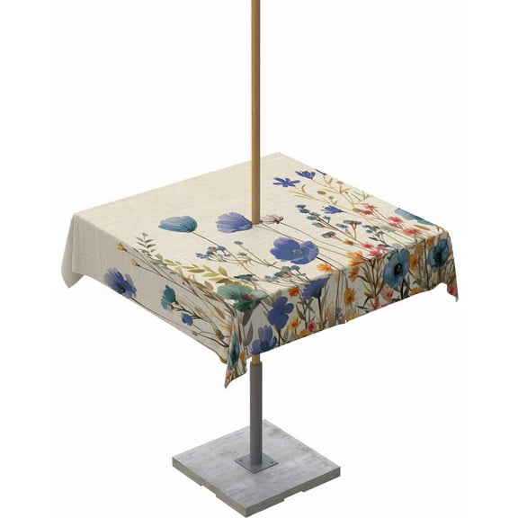 Watercolor Wildflowers Country Floral Square Tablecloth with Zipper,Waterproof Table Cloth with Umbrella Hole Patio Tablecloths for Outdoor Tables,Farmhouse Vintage Linen Spillproof Table Cover