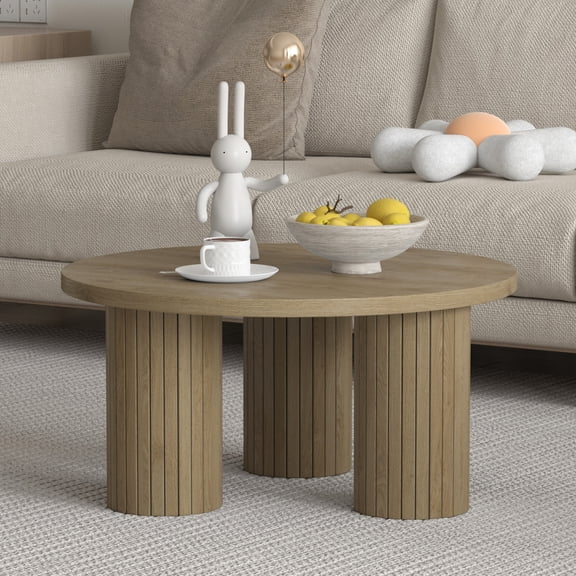 Pusnapku Round Coffee Table, 31.5" Wood Unique Accent Couch Table with 3 Fluted Legs, Farmhouse Small Circle Center Desk for Living Room, Bedroom