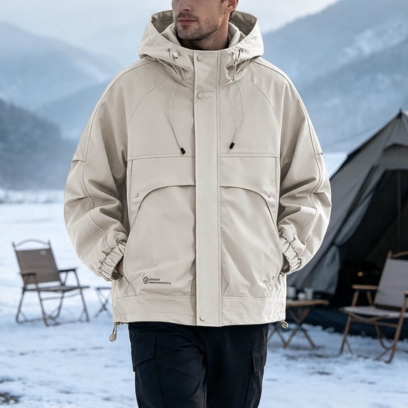 LYSMORA Men's Hooded Windbreaker Jacket Zip‑Snap Closure Long Sleeve Utility Rain Coat with Drawstring Hood Relaxed Fit Outerwear for Winter Outdoor
