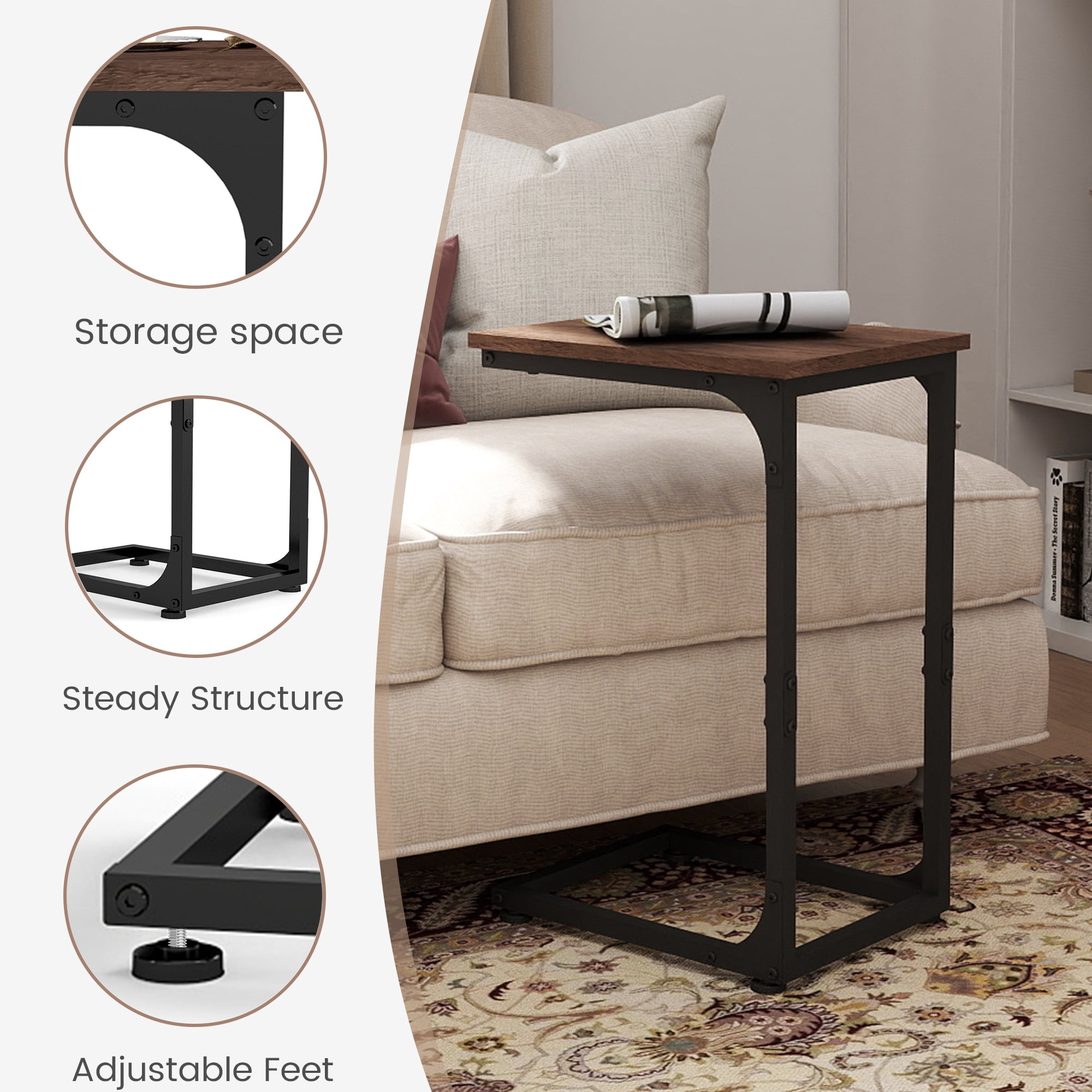 Melocadol C-Shaped End Table Set of 2, C Shaped Under Couch Slider, Small Side Tables with Metal Frame, Adjustable Feet, for Living Room, Bedside, Sofa, TV Dinner, Recliner, Walnut
