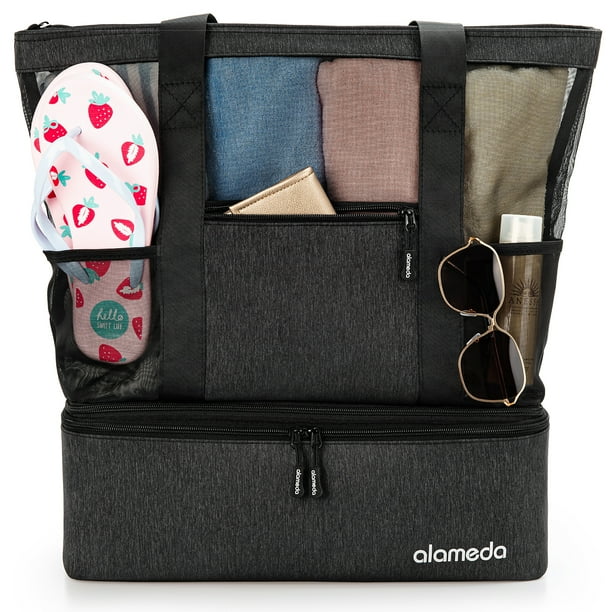 Mesh Tote Beach Bag Cooler Bags Insulated for Travel, Zipper Top High