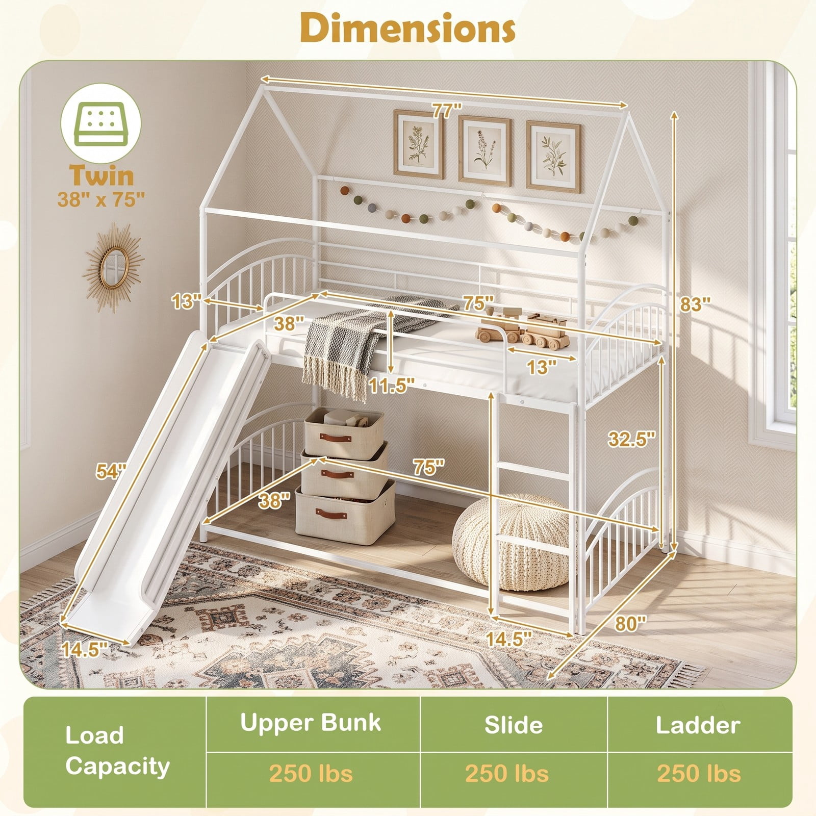 Furnibear Twin Over Twin House Bunk Bed with Slide Ladder and Heavy-duty Metal Slats for Kids and Shared Bedrooms, White