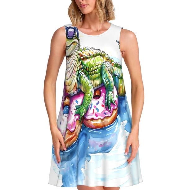 Easygdp Alligator Donut Pool Float para Vestido Transpirable de Mujer, Vestido Suelto de Manga Corta con Pliegues y Bolsillos para el Verano