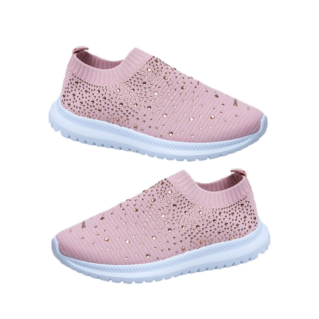 Lady Mesh Sneakers Crystal Shoes Casual Rhinestone Trainers Shoes For Female Breathable Soft Bottom Running Outdoor Walking Ladies Pink 39