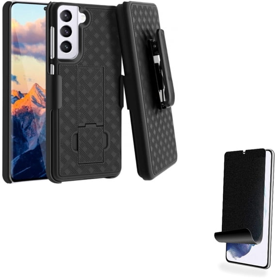 Privacy Screen Protector w Case Belt Clip for Samsung Galaxy S21 - TPU Film (Fingerprint Works) Anti-Peep, Holster Swivel Cover