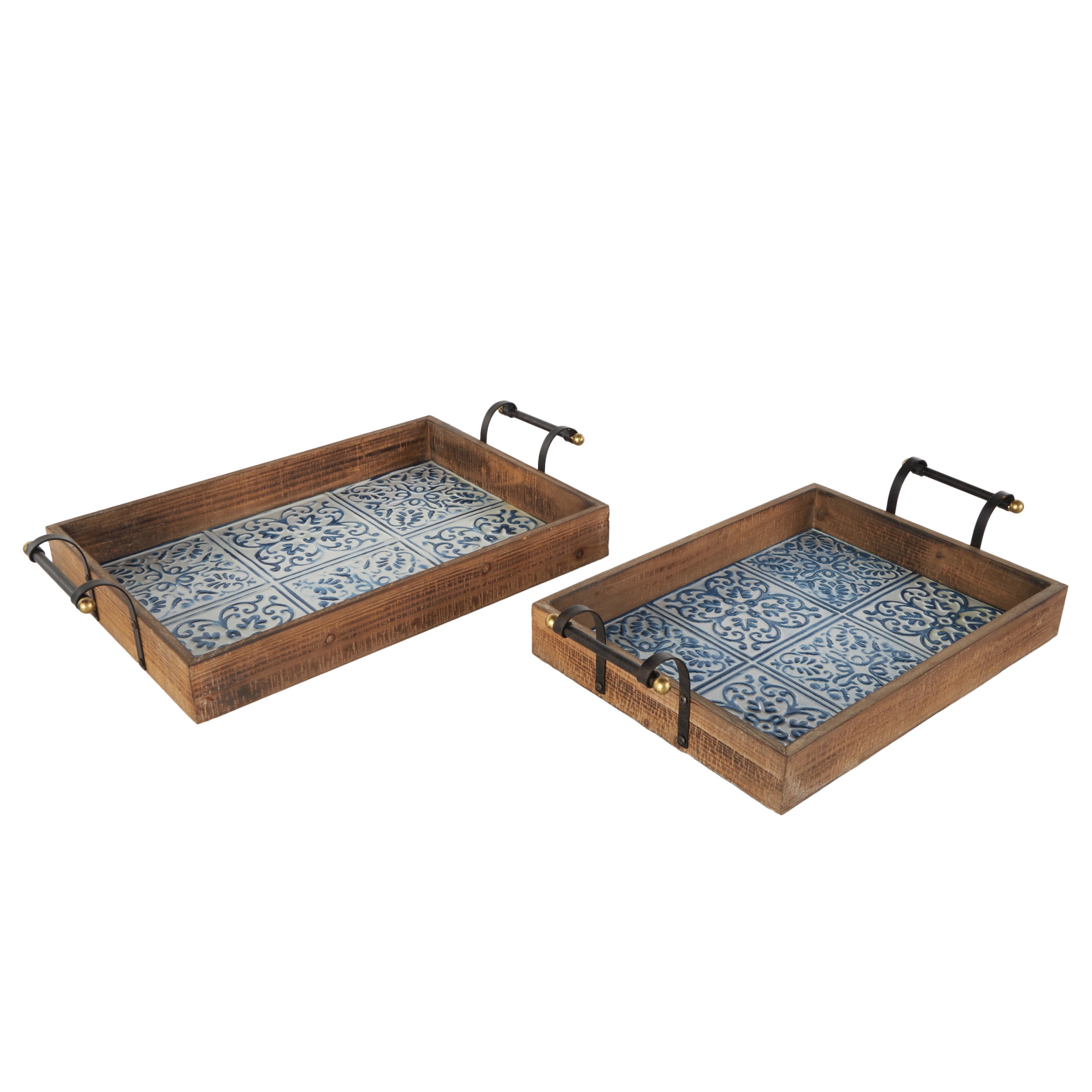 DecMode 23", 19"W Brown Wood Floral Tray with Tile Patterns, 2-Pieces