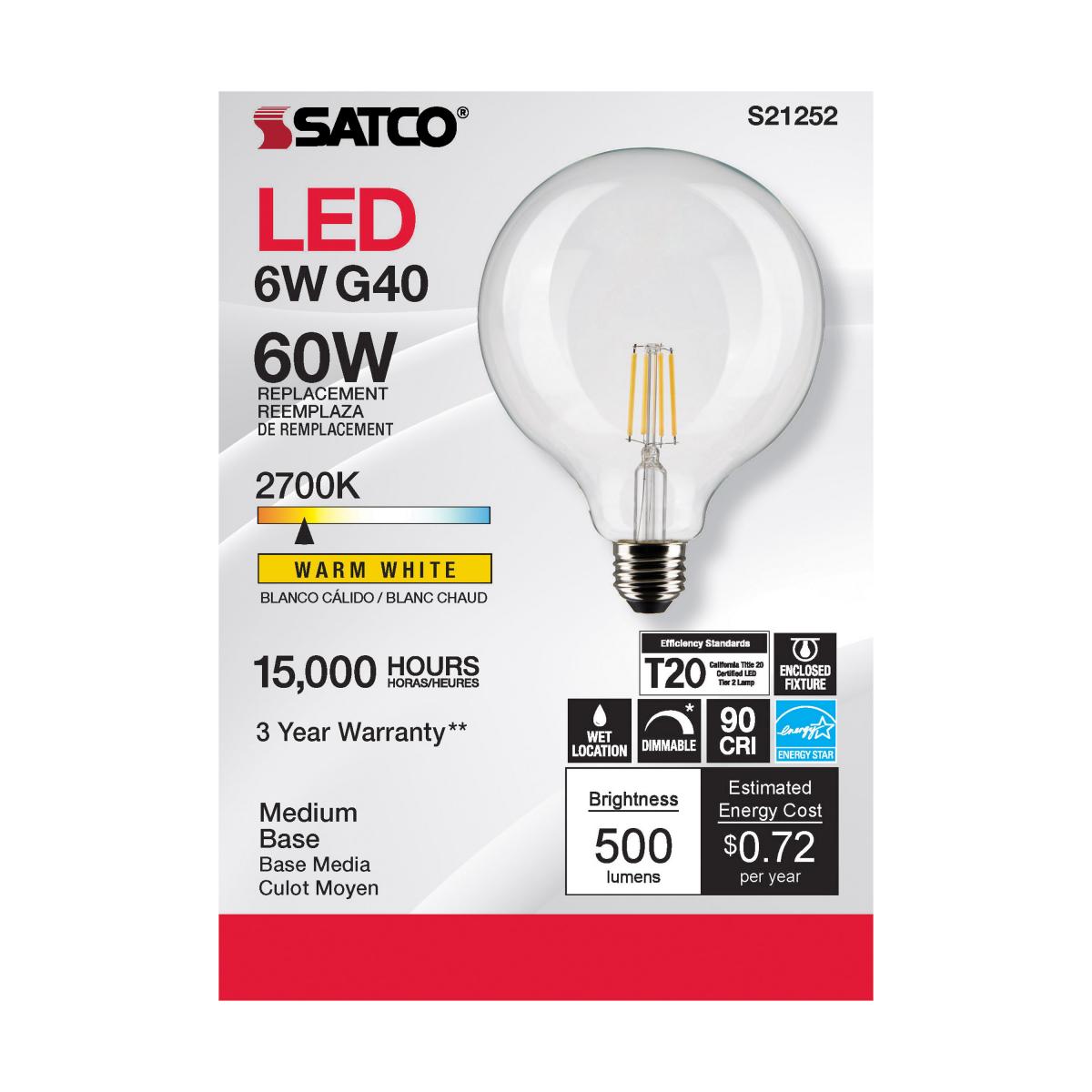 Satco S21252 G40 Globe LED Light Bulbs 6W 120V 2700K 90CRI E26 Medium Base Dimmable (6 Pack)