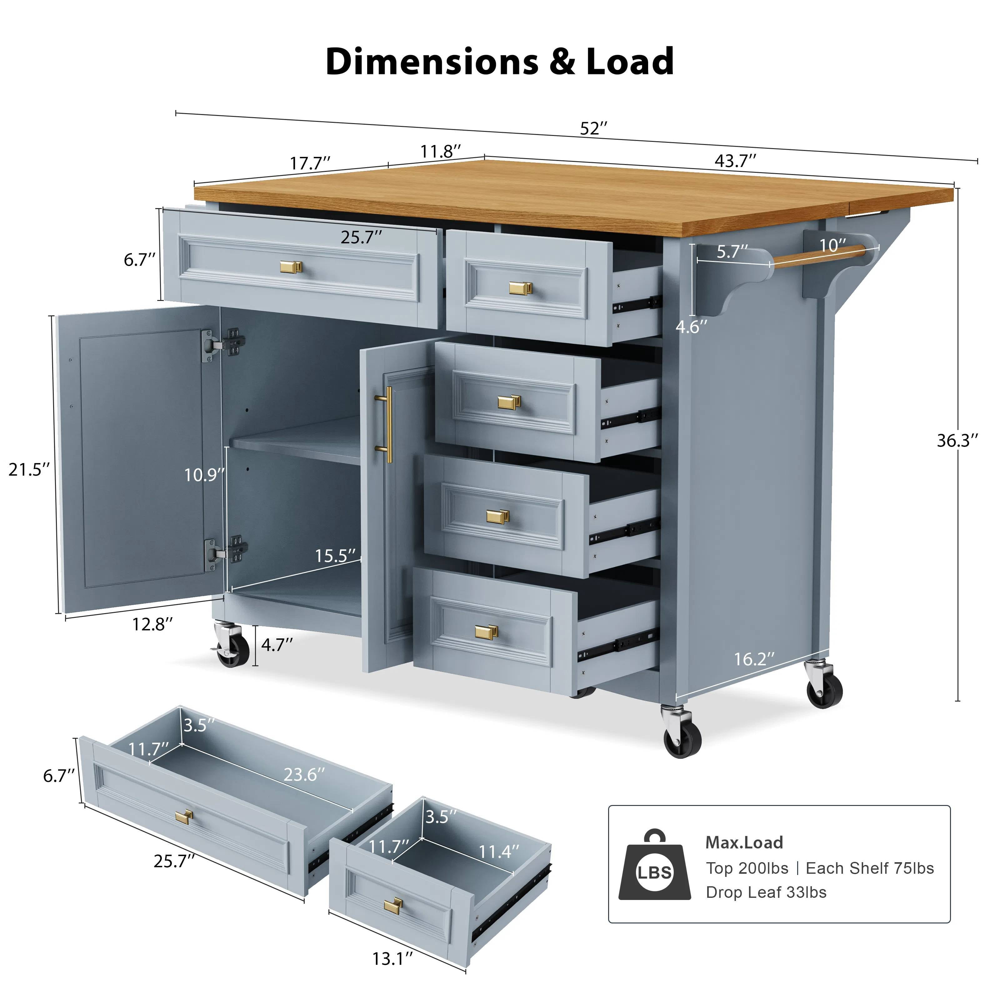 Euroco 52" Kitchen Island with Drop Leaf,Rolling Kitchen Island Cart on Wheels with Spice Rack,Towel Rack,2 Doors and 5 Drawers for Dining room,Blue