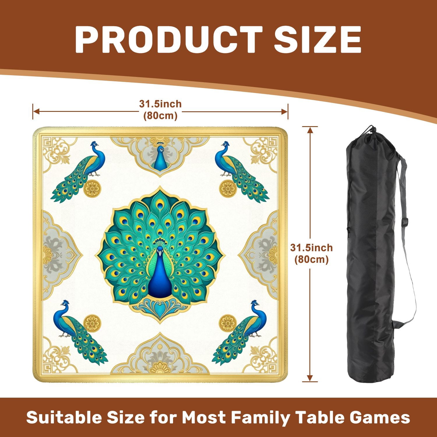Mahjong Mat 31.5" x 31.5" Peacock Vibrant Blue Green Feathers Elegant Floral Non-Slip Noise Reduction American Mahjong Tiles Table Cover for Dominoes Poker Card Board Games Gift