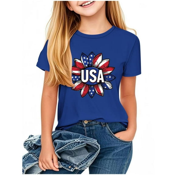GERsome Boys American Flag T Shirts 4th of July Short Sleeve Crewneck Tee Shirts for Girls Summer Unisex Kids Patriotic T-Shirts, Sizes 9-10 Years