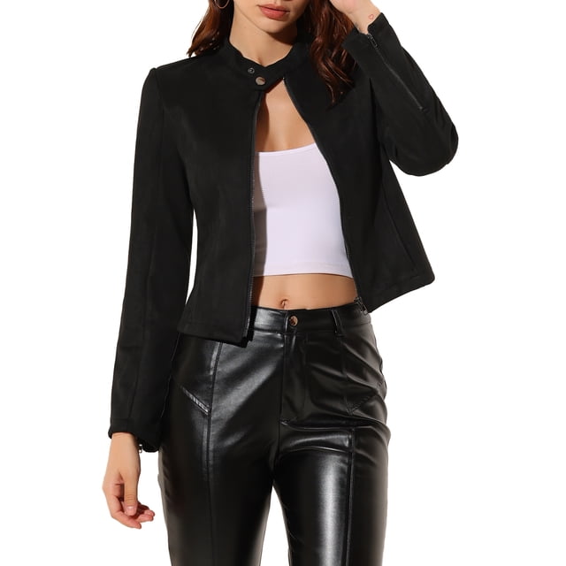 Chaqueta de motociclista recortada con cremallera y cuello alzado de ante sintético para mujer INSPIRE CHIC XL negra