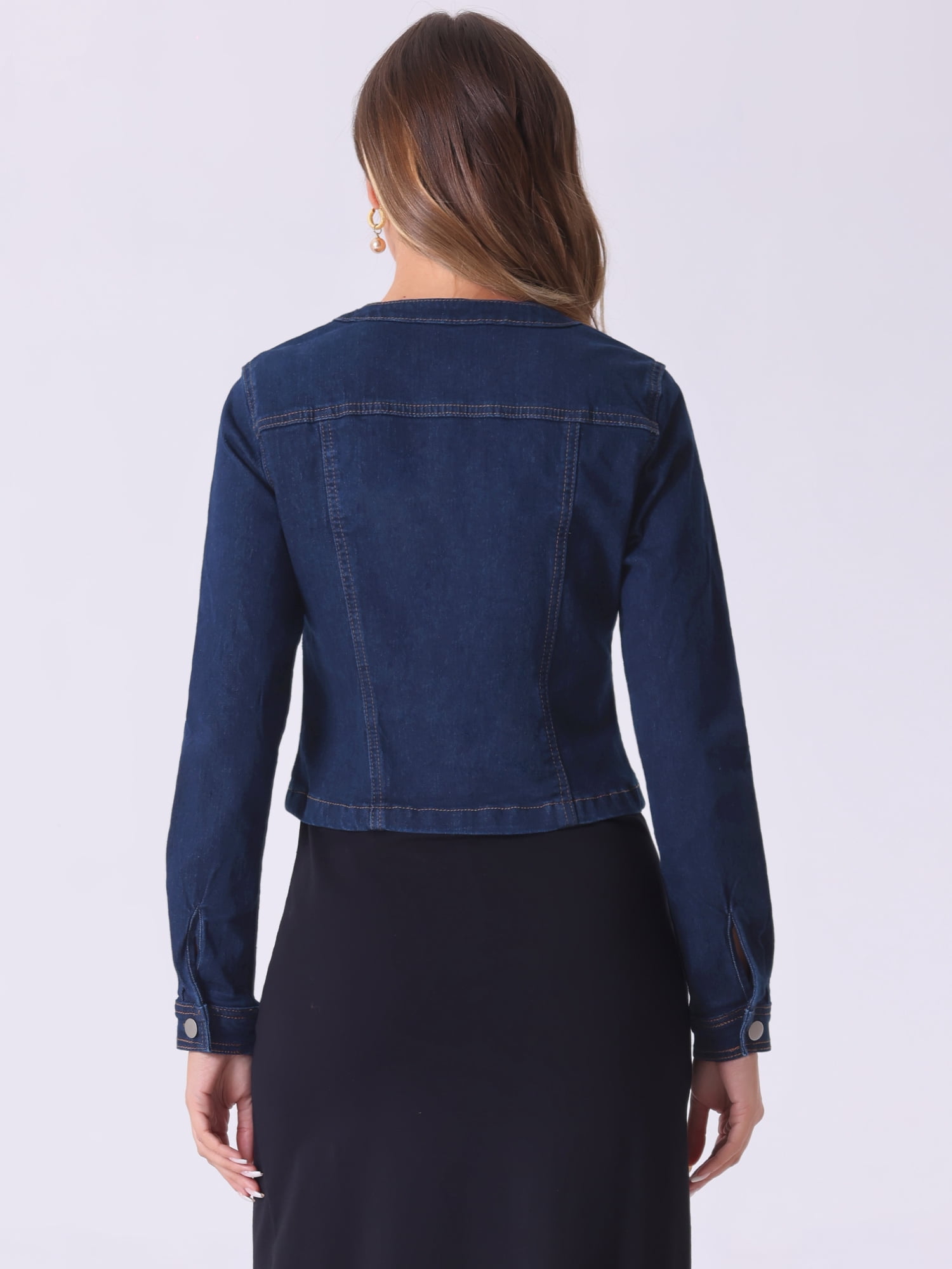 DARING DIVA Women's Collarless Button Down Long Sleeve Denim Jacket S Black Blue