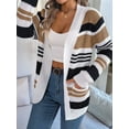 thumbnail image 2 of Women'S Color Block Striped Cardigan Sweater Casual Fall Winter Open Front Knit Cardigan Sweaters with Pockets Khaki L, 2 of 8