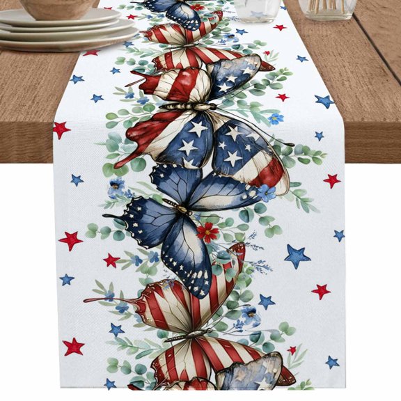 nqOlkjepod Navy Blue Butterfly 4th of July Table Runner 60 Inches Long Farmhouse Dress Scarves, Independence Day Star Dining Tablerunner for Coffee Table/Kitchen Island/Party Décor, 13" x 60"