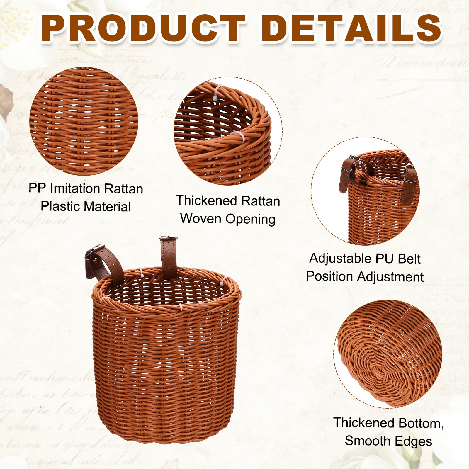 Uxcell Bike Basket, Imitation Rattan Bicycle Basket Adjustable Front Baskets with 2 Leather Belt Buckles Strong Load 7.3 x 7.3 x 8.2" & Brown-Fitting For(Most Bikes/Tricycle/Scooters)