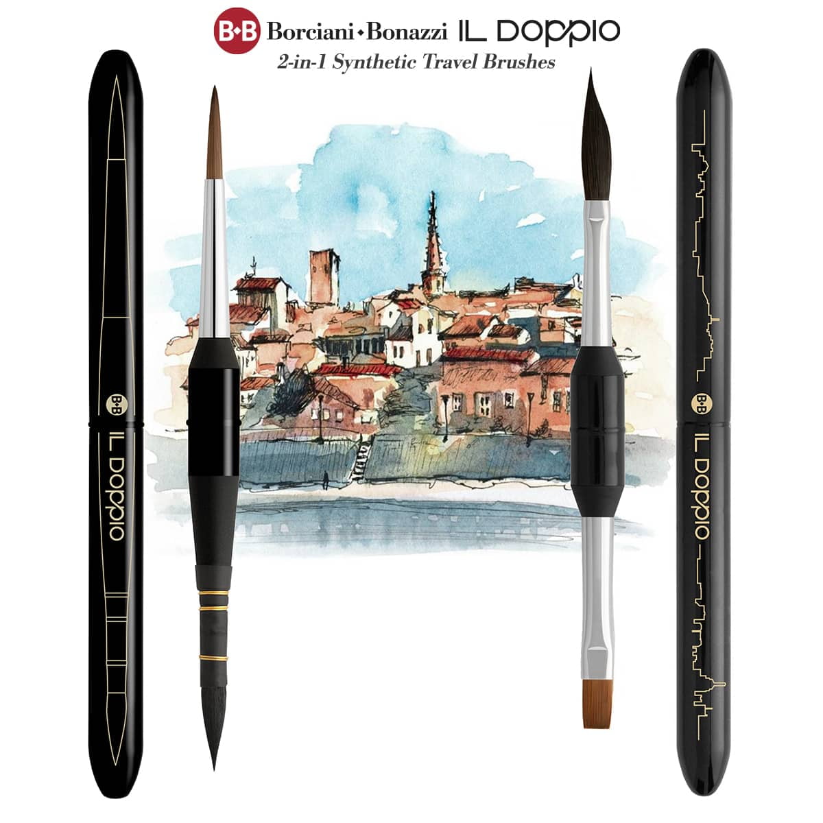 Borciani e Bonazzi Il Doppio  Hidro Double-Sided 2-in-1 Mini Watercolor Travel Brush, Size 2 - Portable Paintbrush for Urban Sketching, Synthetic Kolinsky, Made in Italy, Vegan, Cruelty-Free