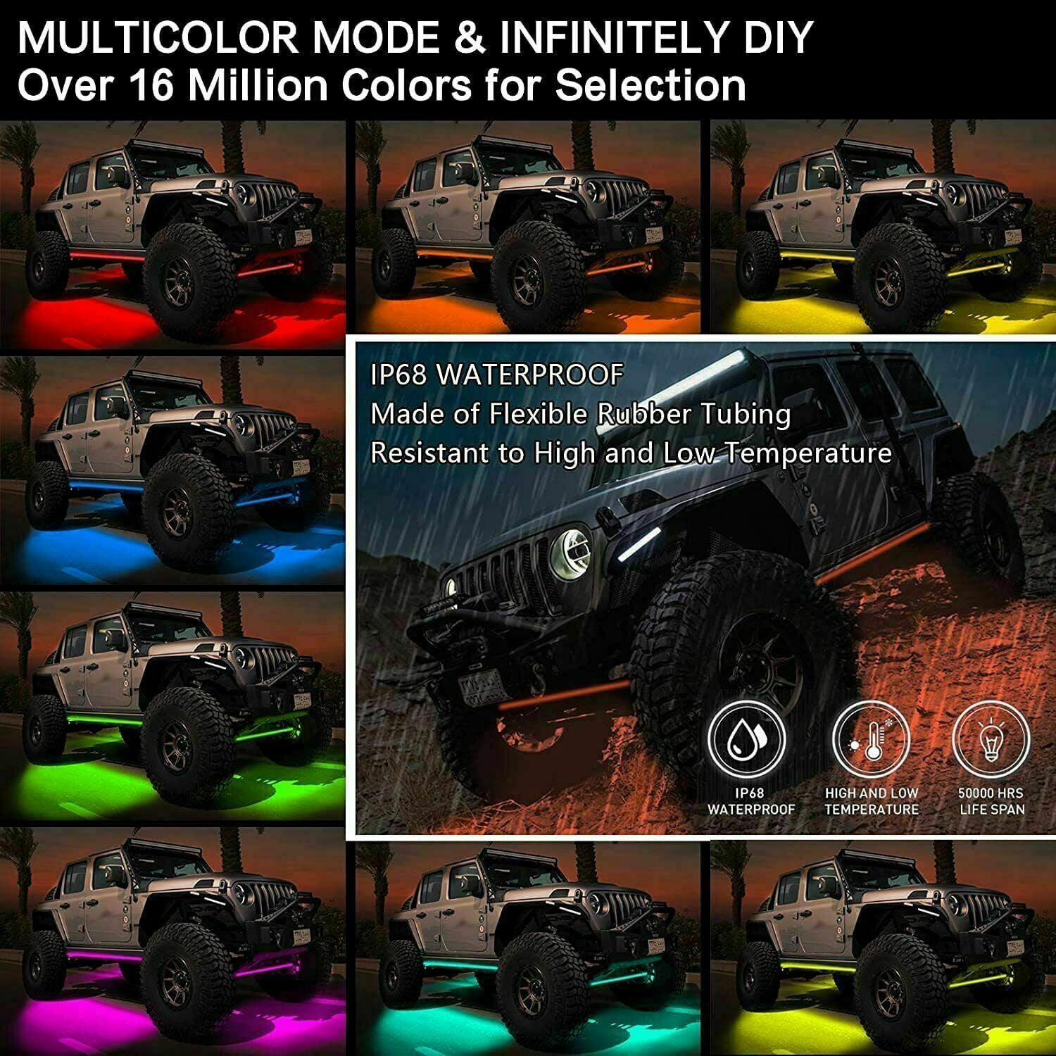 6pcs/Set Car Underglow Neon Accent Strip Lights Kit RGB Million Multi-Color Music Lamp