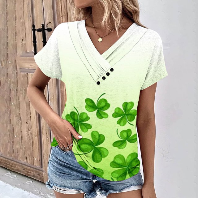 Fiudx Ropa de Mujer Top de Primavera/Verano de Manga Corta Informal con Cuello En V Estampado Del Día de San Patricio para Mujer