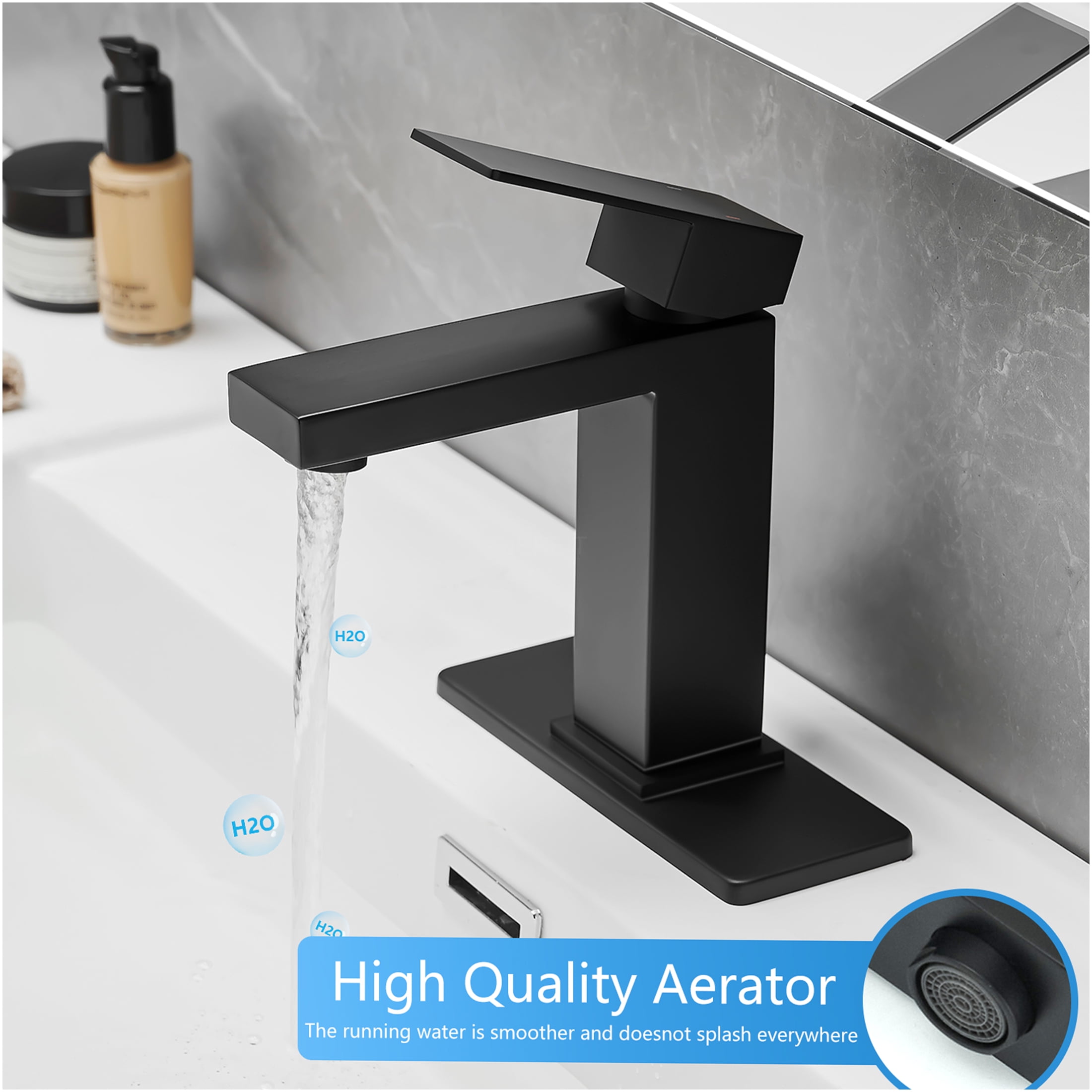 JERFIT Modern Black Waterfall Bathroom Sink Faucet with Pop-Up Drain, Single Hole 1-Handle Vanity Mixer Tap, Brushed Nickel & Brass Construction
