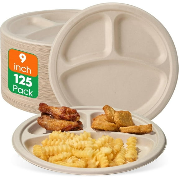 125 Pack Compostable 3 Compartment Plates, 8.85 inch Heavy-Duty Disposable Paper Plates, Eco-Friendly Biodegradable Sugarcane Bagasse Divided Plate for Dinner