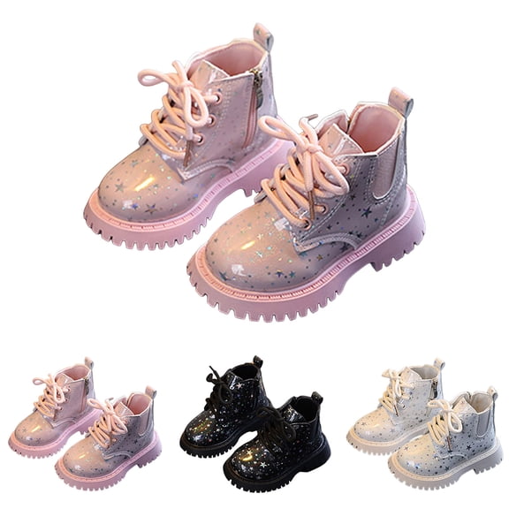 Dakaela 6M-6Y Boy's Girl's Glitter Ankle Boots Lace up Star Shiny Chelsea Combat Booties Low Heel Toddler Outdoor Dressy Shoes Black